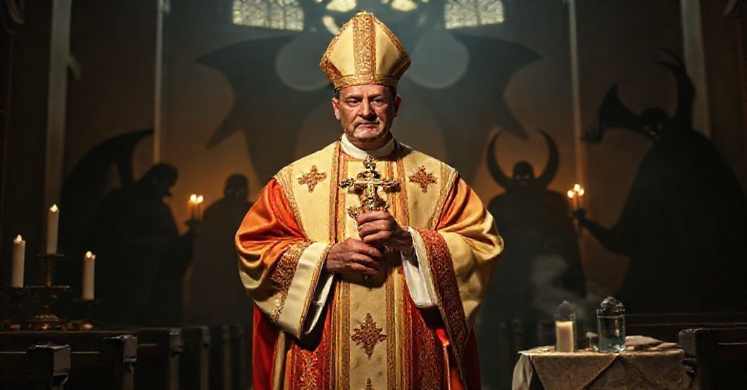 Ksiądz w tradycyjnym ornaty stoi w ciemnej kościele trzymając krzyż, z cieni demonów w tle. Widok symbolizuje walkę katolicką przeciwko okultyzmowi.