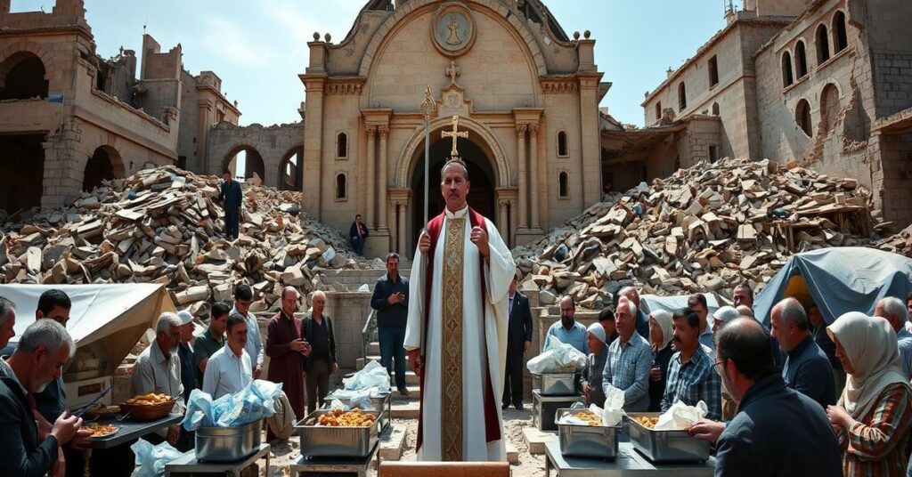 Scena katolicka w wojennej ruinie Libanu, gdzie ksiądz w tradycyjnym ornaty trzyma cudowność z Najświętszym Sakramentem wśród ludności szukającej pocieszenia duchowego.