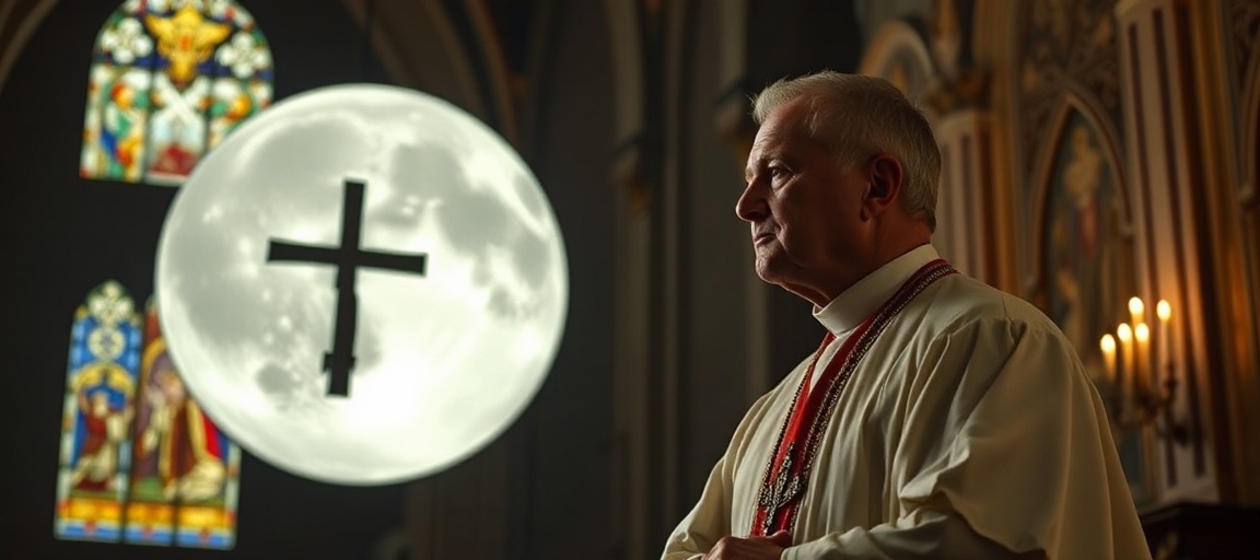Duchowe zagrożenie kolonizacji Księżyca - perspektywa katolicka Ksiądz w tradycyjnym stroju kościelnym patrzy na Księżyc z krzyżem w kościele, symbolizując duchową pustkę kolonizacji kosmicznej bez Boga
