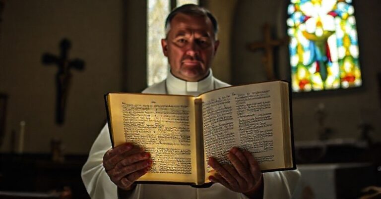 Ksiądz w tradycyjnym ornacie stojący w kaplicy, trzymający otwartą Biblię z tekstem z Drugiego Listu do Koryntian 4:1-6. Światło z witrażu oświetla strony Pisma Świętego.