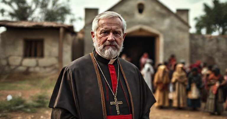 Portret ks. Jamesa Altmana przed kościołem, z migrantami w tle. Scena jest poważna i uwypukla hipokryzję biskupów w kwestii imigracji.