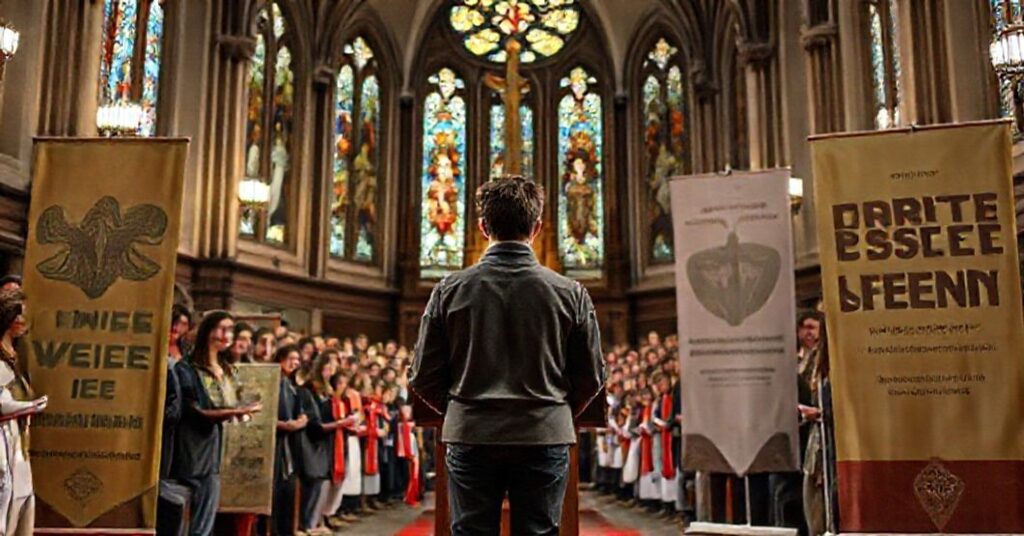 Uroczyść Chrystusa Krola w KSM z nowymi przyrzeczeniami młodych członkłw w tradycyjnym koście z modernistycznymi symbolami.