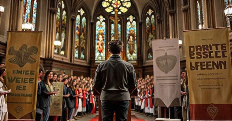 Uroczyść Chrystusa Krola w KSM z nowymi przyrzeczeniami młodych członkłw w tradycyjnym koście z modernistycznymi symbolami.