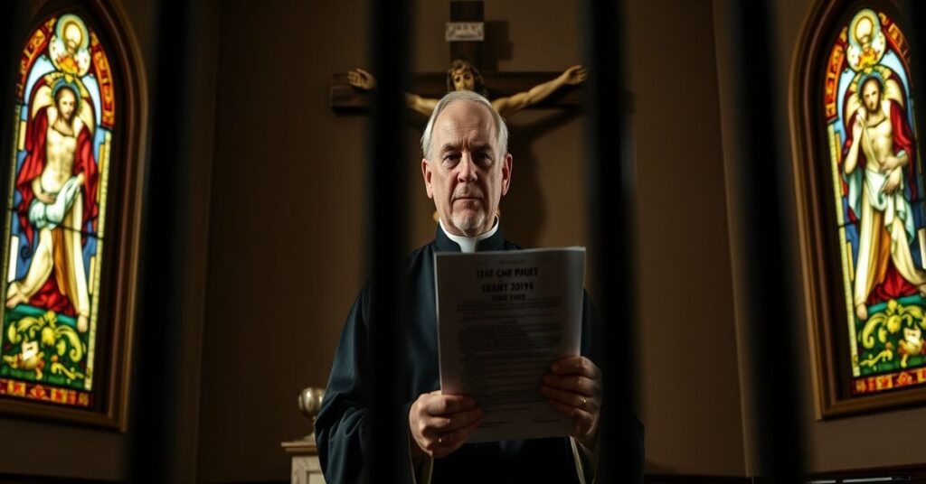 Tradycyjny ksiądz w sutannie trzyma dokument z datą 9 sierpnia 2019 przed krzyżem w kaplicy z witrażami Judith