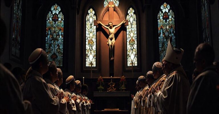 Tradycyjna grupa księży i biskupów w pełnym stroju liturgicznym, modląca się przed krzyżem w ciemnym wnętrzu kościoła z witrażami