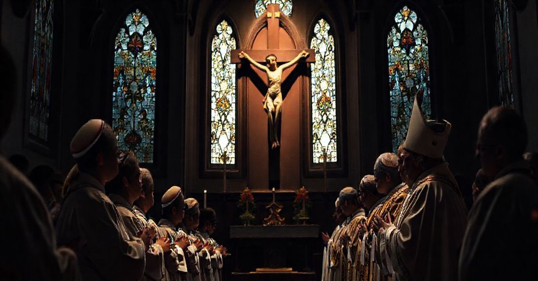 Tradycyjna grupa księży i biskupów w pełnym stroju liturgicznym, modląca się przed krzyżem w ciemnym wnętrzu kościoła z witrażami
