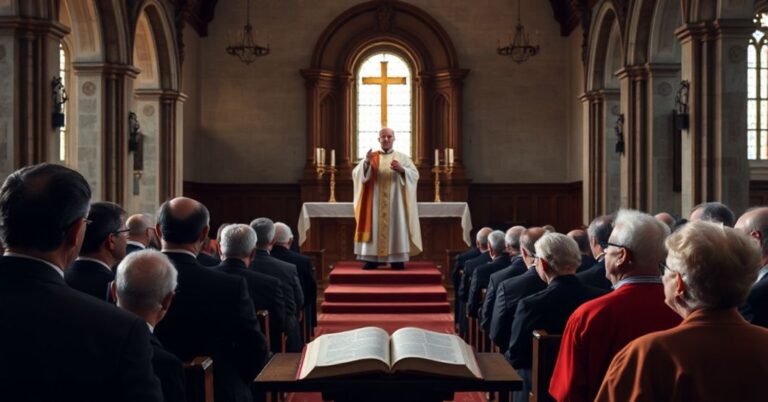 Kawałek tradycyjnego kościoła katolickiego z ołtarzem i księdzem w pełnym stroju liturgicznym przed zebranym tłumem. Światło jest delikatne i poważne, padające na otwartą Biblię na ołtarzu. Zebrani słuchają uważnie, z niektórymi starszymi osobami wyglądającymi na zmęczonych. Obrazy przekazuje głęboką refleksję duchową i historyczną pamięć, podkreślając znaczenie prawdy i sprawiedliwości w wierze.