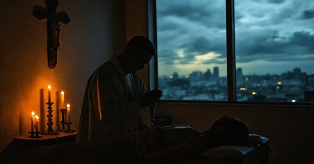 Tradycyjny ksiądz udzielający namaszczenia chorym w ciemnym pokoju z krzyżem i świecami w tle