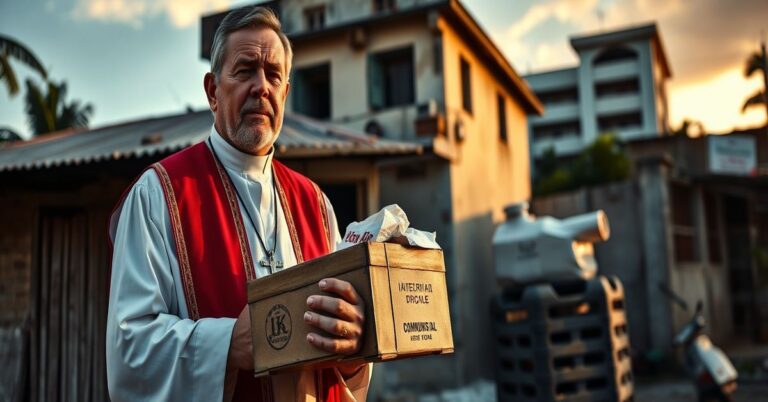 Kubański kapłan w tradycyjnych szatach liturgicznych rozdaje pomoc humanitarną przy wsparciu USA przed tłem komunistycznej budowli