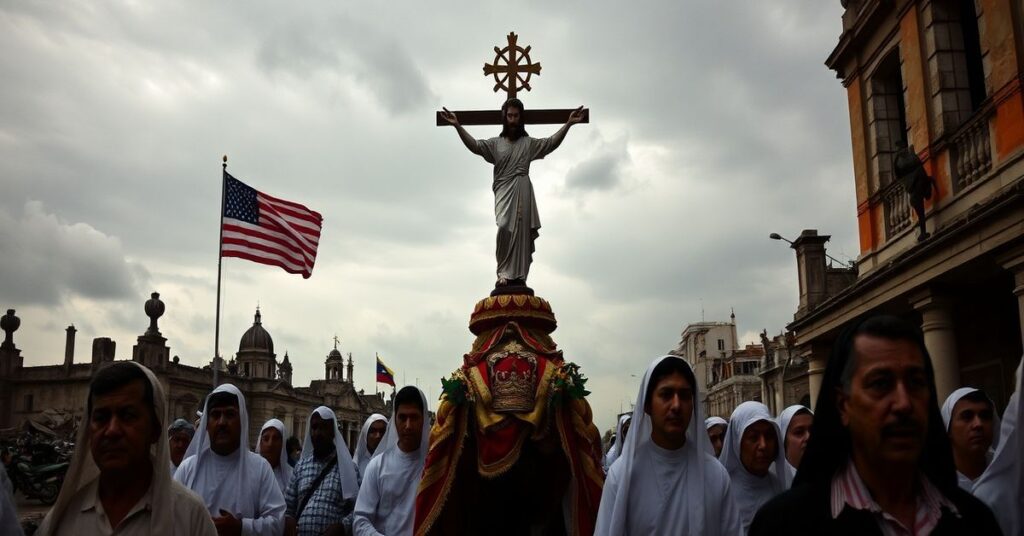 Procesja katolicka w Hawanie z rzeźbą Chrystusa Króla wśród ruin zniszczonych kościołów i seminarium.