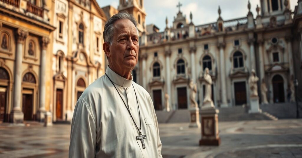 Tradycyjny katolicki kapłan w prostym sutannie stoi poważnie na Placu Katedralnym w Hawanie przed ruinami kościołów i porzuconymi statuami religijnymi.