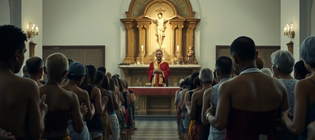 Wnętrze tradycyjnej kościelnej świątyni na Kubie podczas kryzysu głodu. Wyczerpani ludzie modlą się przed ołtarzem z tabernakulum. Biskup Marcelo González Amador stoi w tle z poważną twarzą.