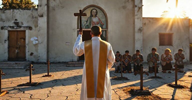 Ksiądz w tradycyjnych habitach przed opuszczonym kościołem w Miami z krzyżem i rzeźbą Matki Bożej z El Cobre
