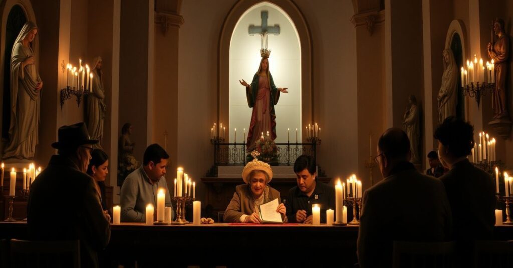 Sobór Narodowy Matki Bożej z El Cobre w Miami; kubanccy emigranci podpisują "Porozumienie o Wyzwoleniu" przy świetle świec