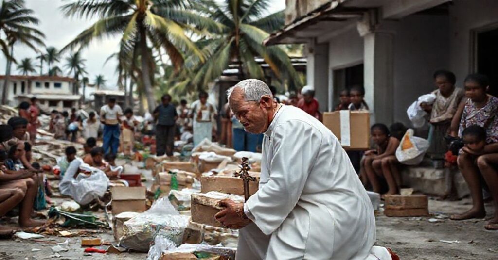 Ksiądz w białym ornaty rozdaje żywność i lekarstwa potrzebującym na Kubie po huraganie, z tłem zniszczonych budynków i palem. Scena podkreśla brak duchowego wymiaru w pomocy materialnej.