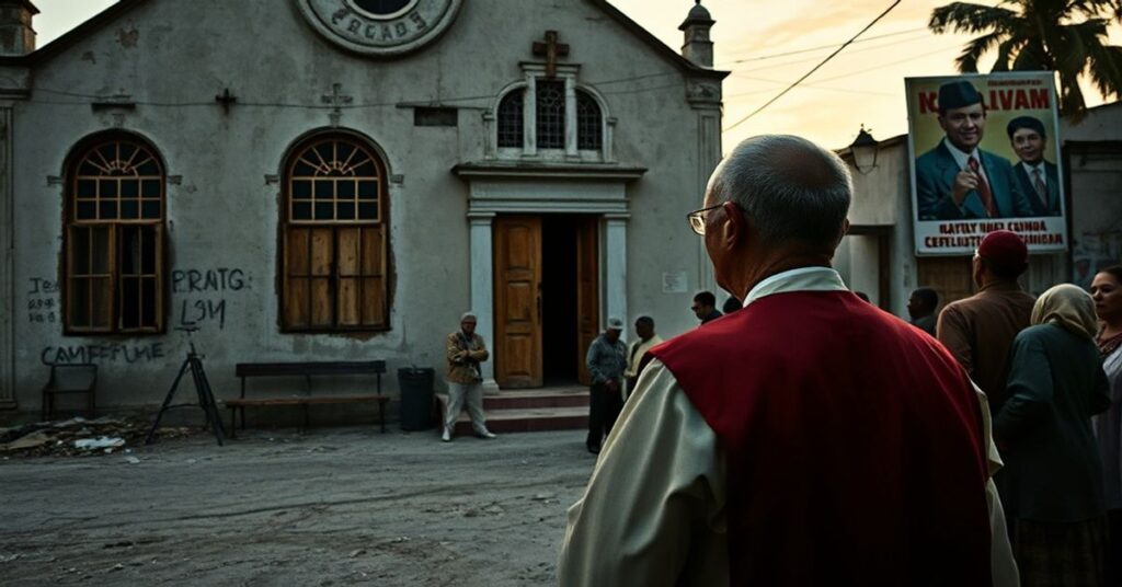 Kubański kapłan katolicki w zniszczonych ornatach przed zniszczonym kościołem pod rządami komunizmu