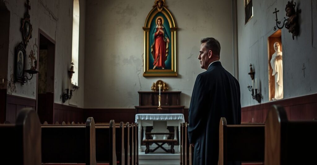 Ciemna scena w kaplicy na Kubie. Samotny kleryk w sutannie stoi przed pustymi ławkami w ruinującej się kaplicy z wyblakłymi ikonami religijnymi. Ołtarz jest pusty z wyjątkiem pojedynczej świecy. Na tle wiszący obraz Matki Bożej z El Cobre jest przechylony.