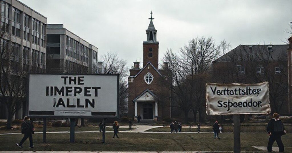 Tczysto akademicki kampus z nowoczesnymi budynkami i zaniedbanym kościółkiem w tle