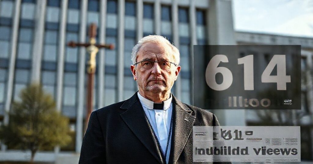 Zdjęcie przedstawiające rektora KUL przed nowoczesnym budynkiem uniwersyteckim z rozświetlonymi grafikami medialnymi wokół niego.