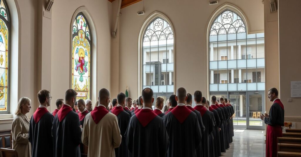 Tradycyjne katolickie środowisko akademickie z modlącymi się studentami w kaplicy kontrastujące z nowoczesnym budynkiem KUL reprezentującym naturalistyczne Centrum Wsparcia i Rozwoju.
