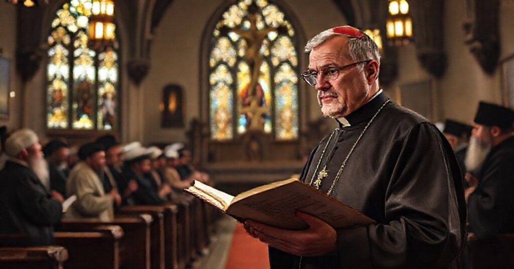 Tradycyjny ksiądz katolicki w kaszule stoi w ciemnej kościele, trzymając otwartą Biblię, patrząc z troską na grupę teologów KUL dyskutujących z rabinami. Scena jest ramowana tradycyjnymi ikonografiami katolickimi.