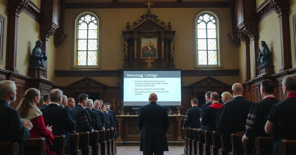 Wnętrze kaplicy uniwersytecka z modernistyczną prezentacją marketingową w tradycyjnym katolickim środowisku.