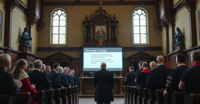 Wnętrze kaplicy uniwersytecka z modernistyczną prezentacją marketingową w tradycyjnym katolickim środowisku.