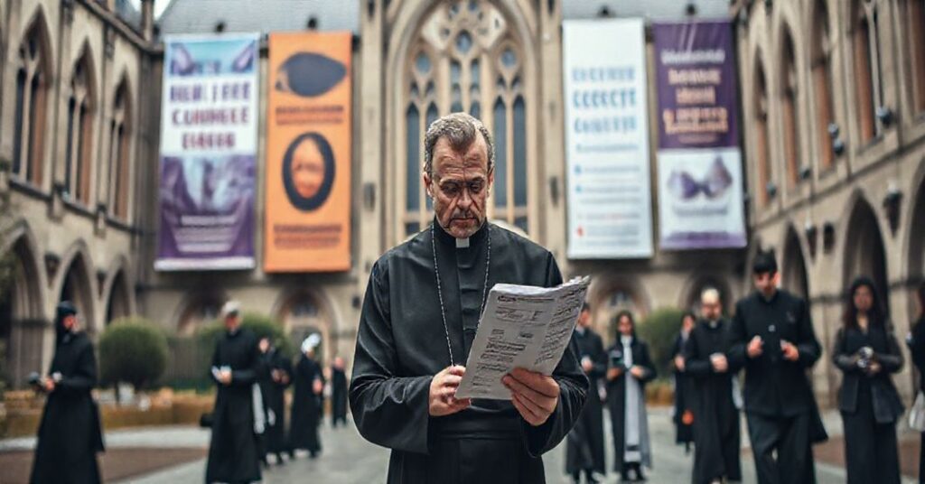 Tradycyjny katolicki widok uniwersytetu z nowoczesnymi tablicami reklamującymi kursy menedżerskie dla kościelnych liderów