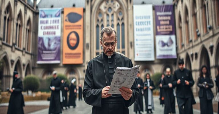 Tradycyjny katolicki widok uniwersytetu z nowoczesnymi tablicami reklamującymi kursy menedżerskie dla kościelnych liderów