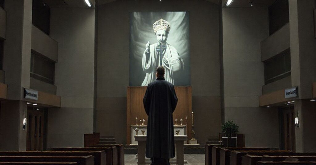 Ciemny widok kaplicy uniwersyteckiej bez tabernakulum, z nowoczesnym ołtarzem i brakiem tradycyjnych naczyń sakralnych. Rozmyta postać w szatach kapłanskich bez widocznego krzyża prowadzi zebranie mimo-sakramentalne. Wokół znajdują się budynki akademickie z widocznymi napisami 'Duchowość i Coaching' i 'Studia Prawne Europejskie'. Scena jest oświetlona sztucznym, sterylnym światłem podkreślającym brak nadprzyrodzonego. Na tle widnieje rozmyty obraz nowoczesnego 'papieża' symbolizujący fałszywe kierownictwo instytucji.