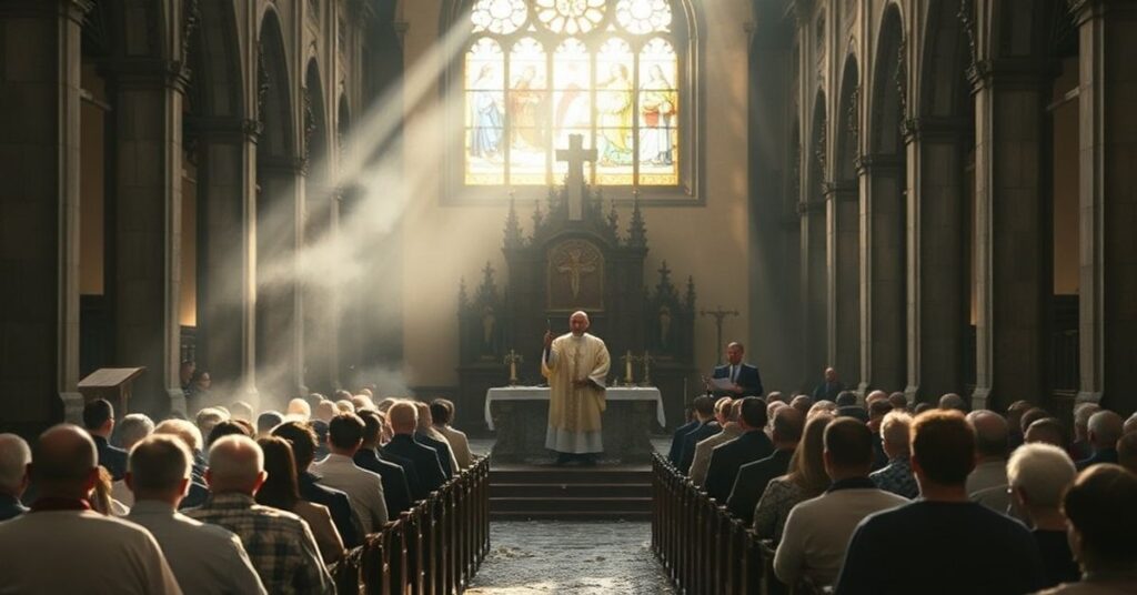 Wnętrze kościoła po pożarze, z księdzami Waldemarem Sądeckim i Mirosławem Kalinowskim podczas mszy w spalonej świątyni.