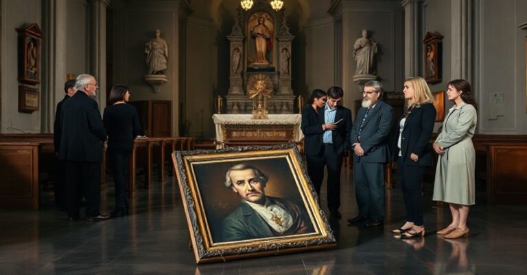 Wnętrze kościoła katolickiego z pustym ołtarzem, tradycyjnymi posągami i przygaszionym światłem. Na pierwszym planie leży opadnięty portret kontrowersyjnej postaci o pękniętej ramie. Grupa akademików w współczesnym ubraniu stoi wokół portretu, dyskutując z wyrażeniami obawy i wątpliwości. Scena odzwierciedla napięcie między interpretacjami modernistycznymi a nauczaniem katolickim tradycyjnym.