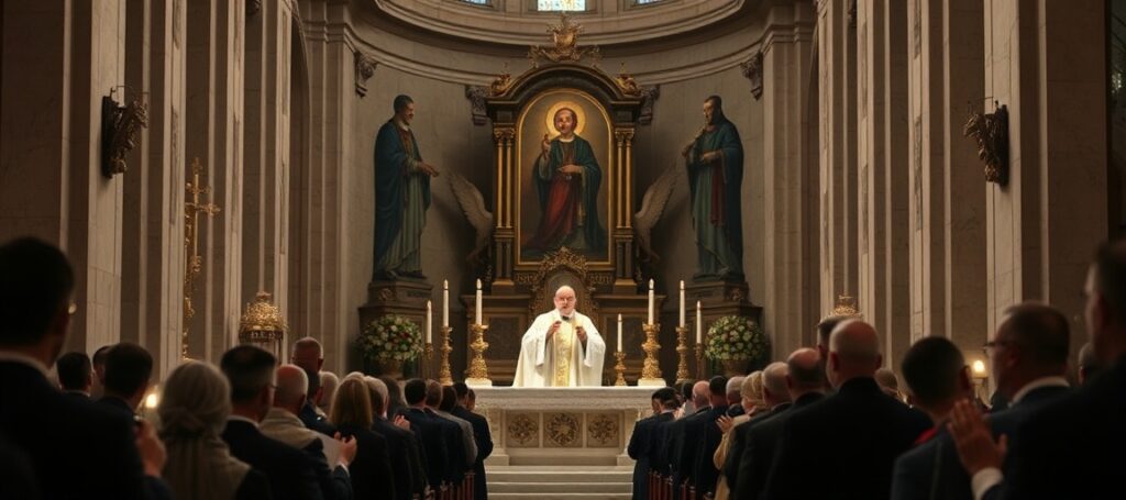 Scena w Bazylice św. Piotra podczas uroczystości ku czci Karola Wojtyły, ukazująca fałszywą pobożność i apostazję w Kościele posoborowym.