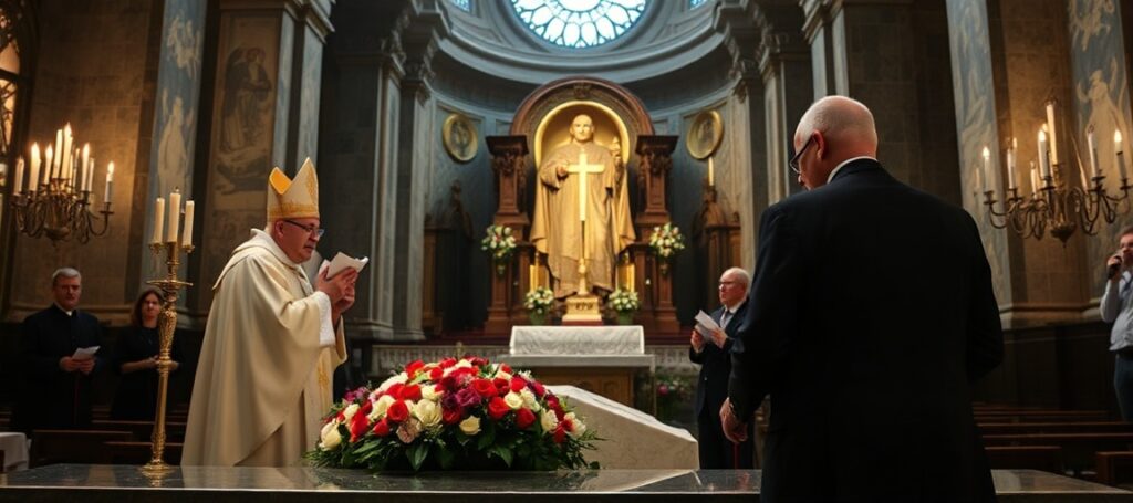 Obraz przedstawiający uroczystość w Bazylice św. Piotra z powodu rocznicy urodzin Karola Wojtyły, z udziałem biskupa Jana Ozgi i ks. Pawła Ptasznika.