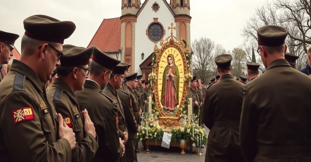 Przercierpiona procesja katolicka w Olsztynie z obrazem Matki Bożej Łaskowej na tle kościoła wojskowego.