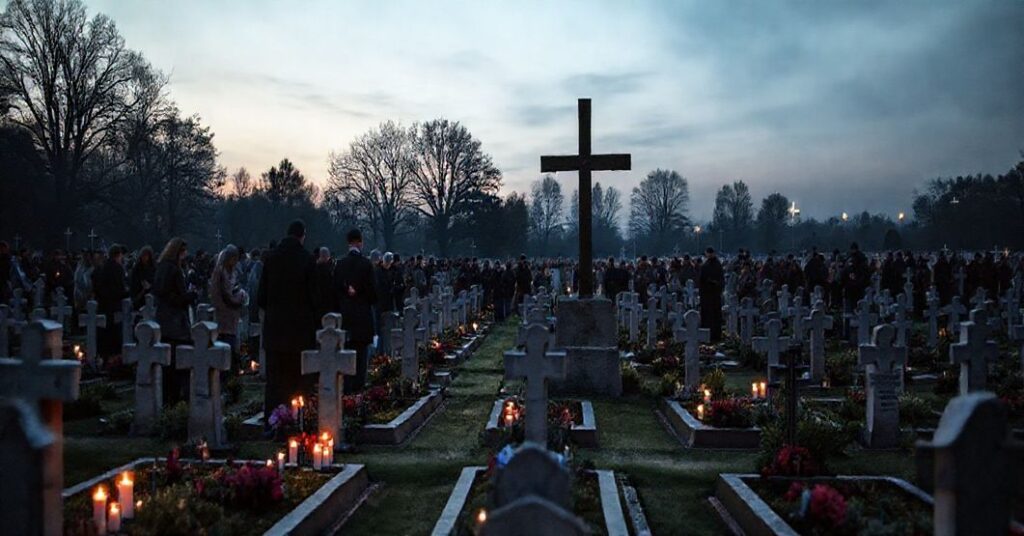 Scena cmentarna z pogrążonymi w modlitwie ludźmi przed grobowcami z zapalonymi znicami, brak kluczowych symboli katolickich.