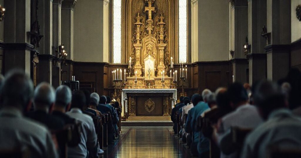 Wnętrze tradycyjnego kościoła katolickiego z ołtarzem i otoczeniem wiernych w modlitwie, podkreślające kult Boga.