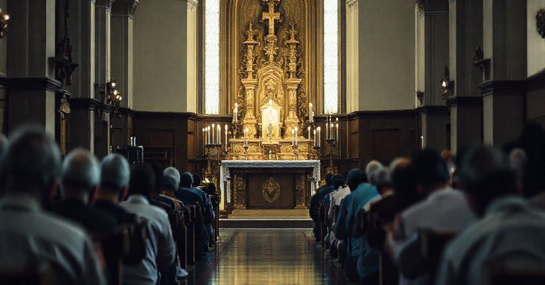 Wnętrze tradycyjnego kościoła katolickiego z ołtarzem i otoczeniem wiernych w modlitwie, podkreślające kult Boga.