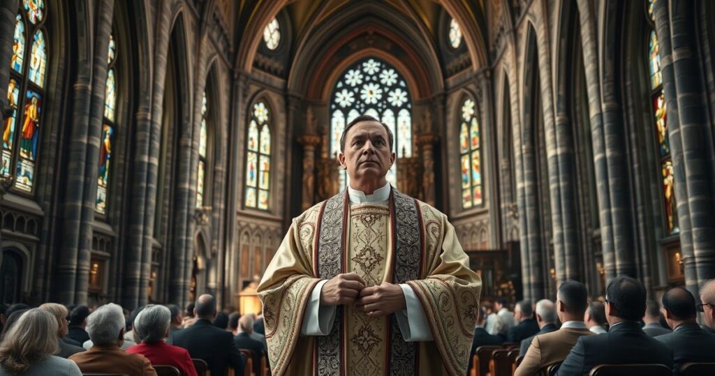 Kapłan w tradycyjnych szatach podczas nabożeństwa w kościele, wyraz pobożności i powagi, symbolizujący krytykę nowoczesnych tendencji w Kościele katolickim