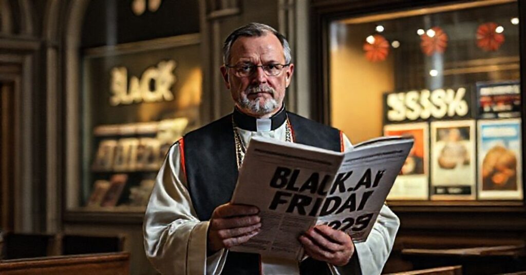 Ksiądz w stroju liturgicznym z wyrazem niezgody na tle reklam Black Friday w kościele