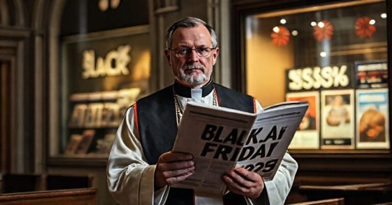 Ksiądz w stroju liturgicznym z wyrazem niezgody na tle reklam Black Friday w kościele