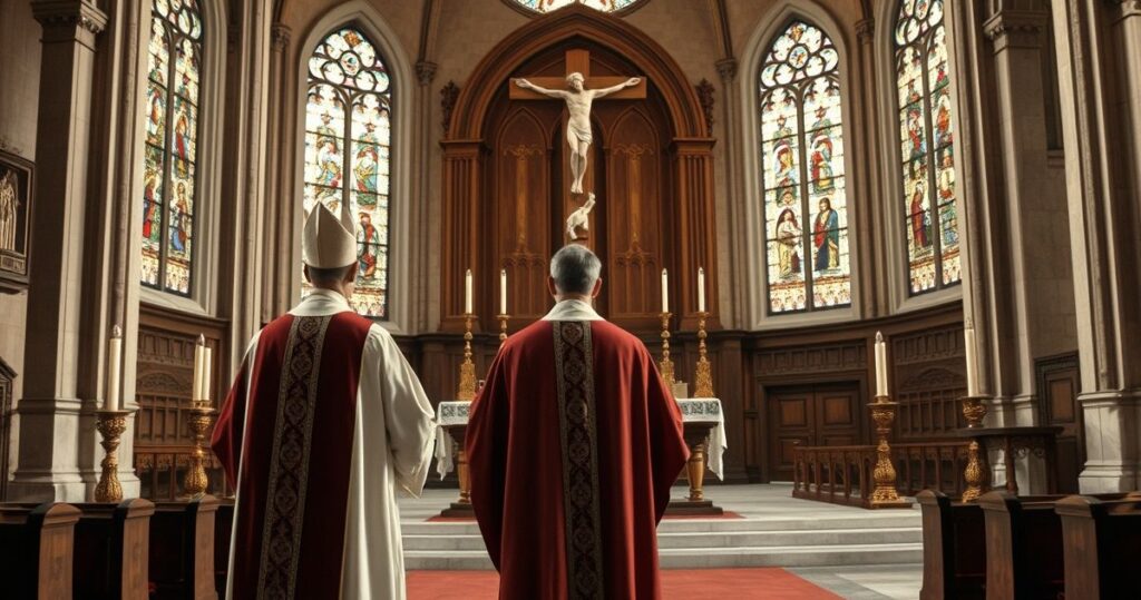 Szalony ksiądz w tradycyjnych szatach przed ołtarzem z krzyżem i witrażami, ukazujący powagę i królestwo Chrystusa w realistycznej, katolickiej scenie