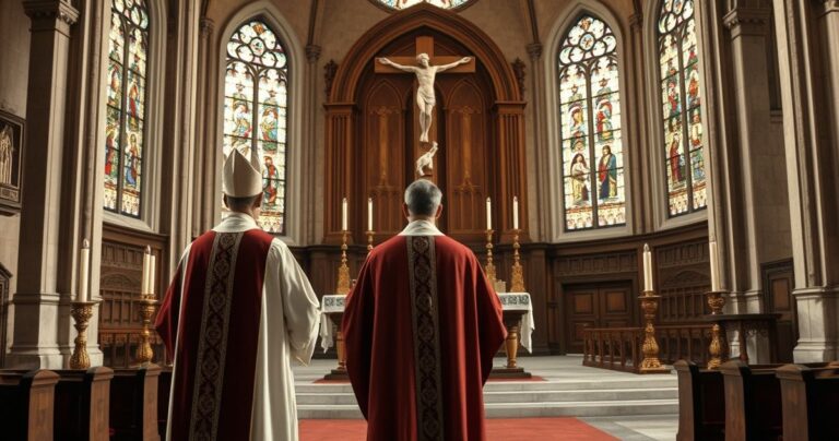 Szalony ksiądz w tradycyjnych szatach przed ołtarzem z krzyżem i witrażami, ukazujący powagę i królestwo Chrystusa w realistycznej, katolickiej scenie