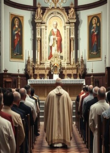 Kościół katolicki bez modernistycznych zabiegów - Chrystus Król nad wszystkimi Tradycyjny kościół katolicki z ołtarzem i modlącymi się wiernymi, podkreślający królestwo Chrystusa nad Kościołem