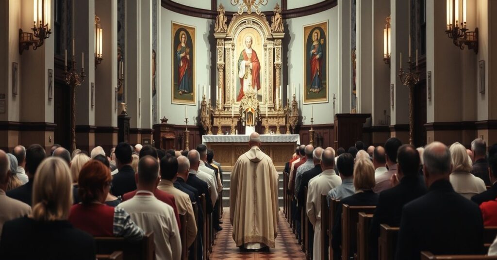 Tradycyjny kościół katolicki z ołtarzem i modlącymi się wiernymi, podkreślający królestwo Chrystusa nad Kościołem