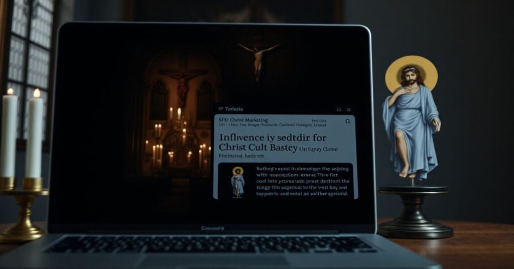 Scena przedstawiająca kontrast między światowym konsumpcjonizmem a duchowym zbawieniem w katolickim medium