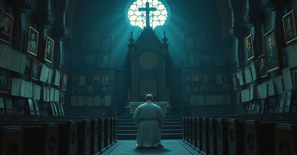 Wnętrze kościoła z samotnym księdzem modlącym się przed pustym tronem papieskim otoczonym dokumentami genealogicznymi i portretami przodków. Scena jest przerażająco smutna i świadczy o złym kultu czlowieka.