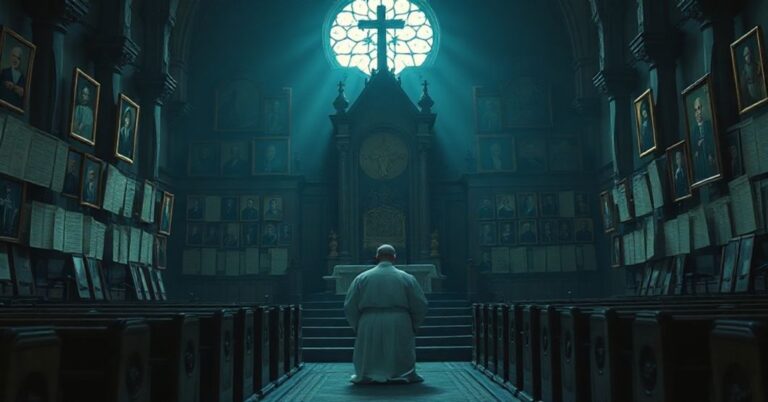 Wnętrze kościoła z samotnym księdzem modlącym się przed pustym tronem papieskim otoczonym dokumentami genealogicznymi i portretami przodków. Scena jest przerażająco smutna i świadczy o złym kultu czlowieka.