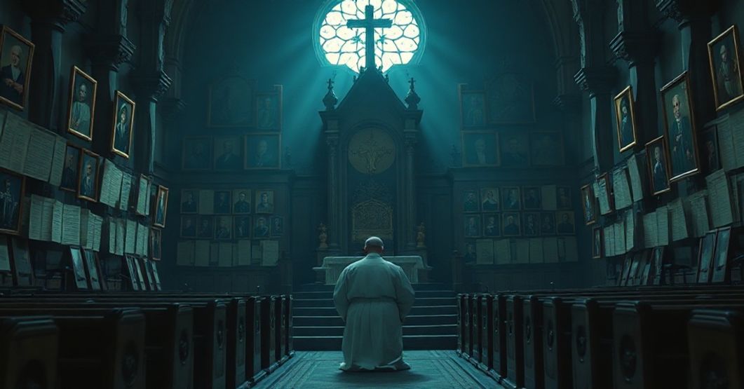 Wnętrze kościoła z samotnym księdzem modlącym się przed pustym tronem papieskim otoczonym dokumentami genealogicznymi i portretami przodków. Scena jest przerażająco smutna i świadczy o złym kultu czlowieka.