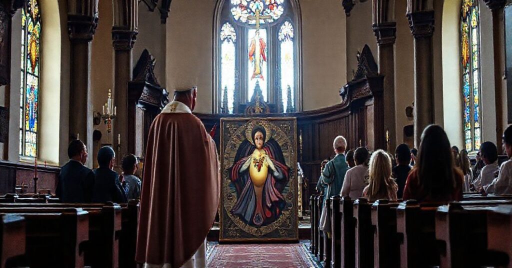 Wnętrze tradycyjnego kościoła z ołtarzem podczas Mszy św. prezentującej poglądy fałszywego biskupa promującego kult Bożego Miłosierdzia.